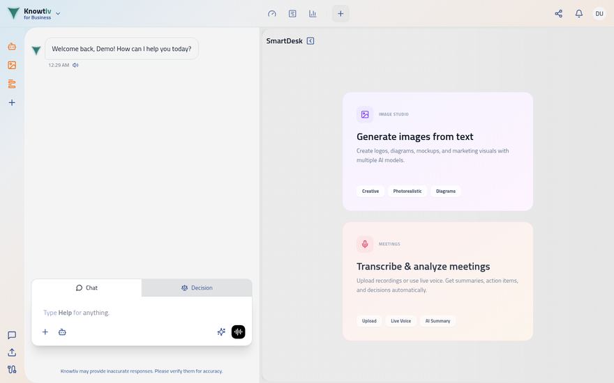 The Knowtiv workspace, showing its dashboard of documents, meetings and tasks.