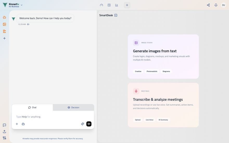 The Knowtiv workspace, showing its dashboard of documents, meetings and tasks.